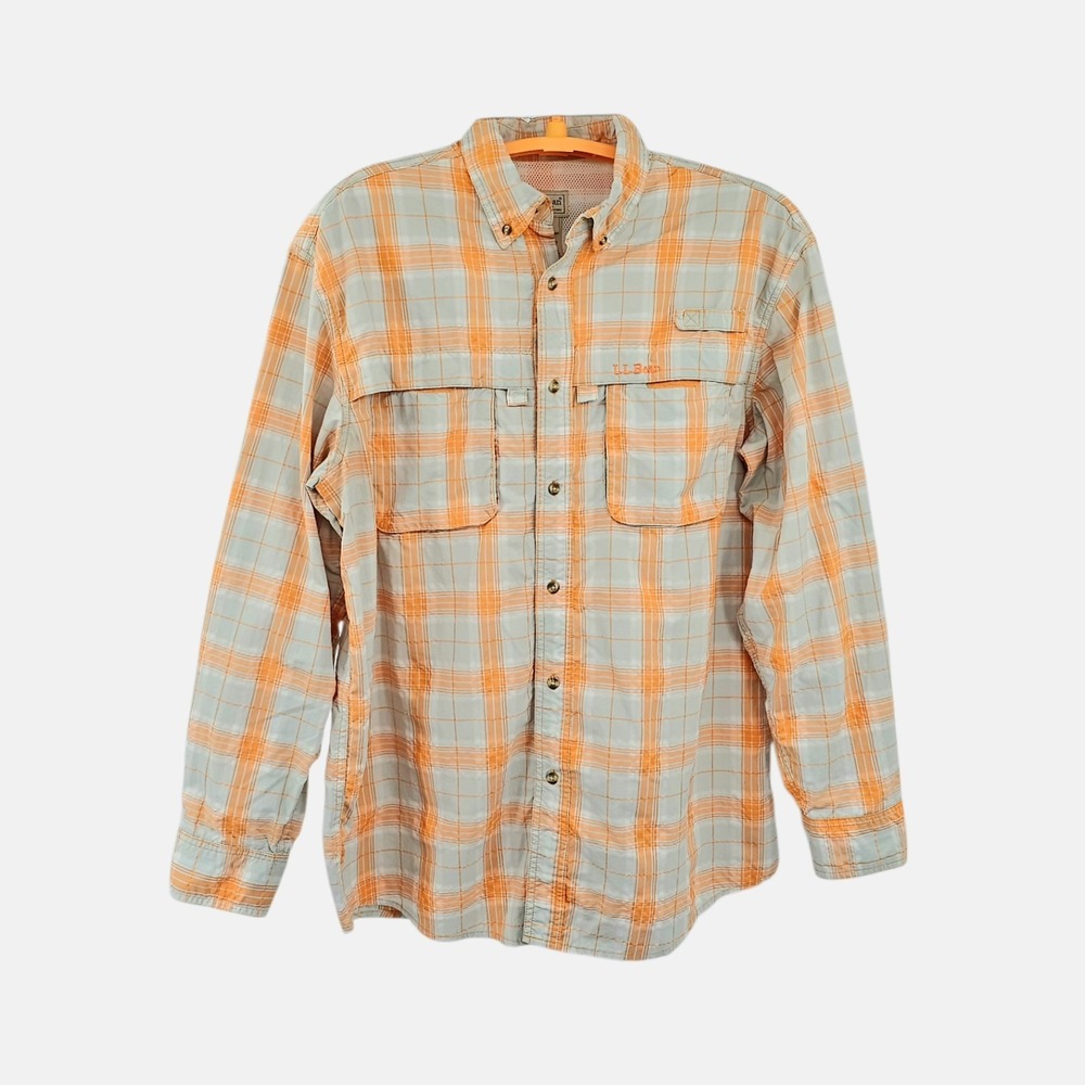 LL Bean Tropicwear Vented Fishing Shirt Men's Large Plaid Roll Tab Sleeve Hiking